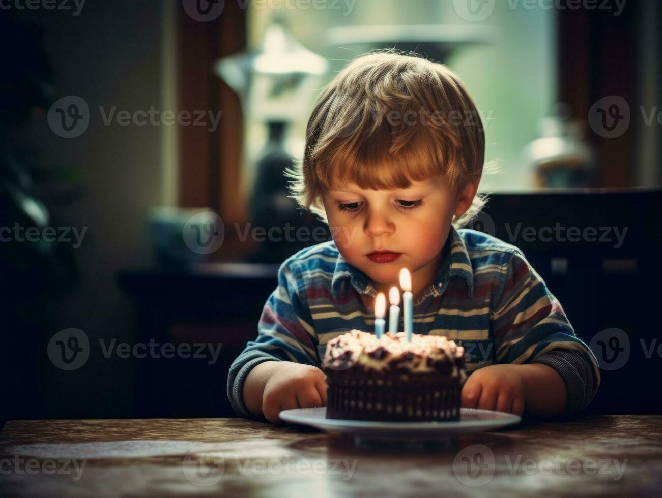 enfant soufflant en dehors le bougies sur leur anniversaire gâteau ai génératif photo