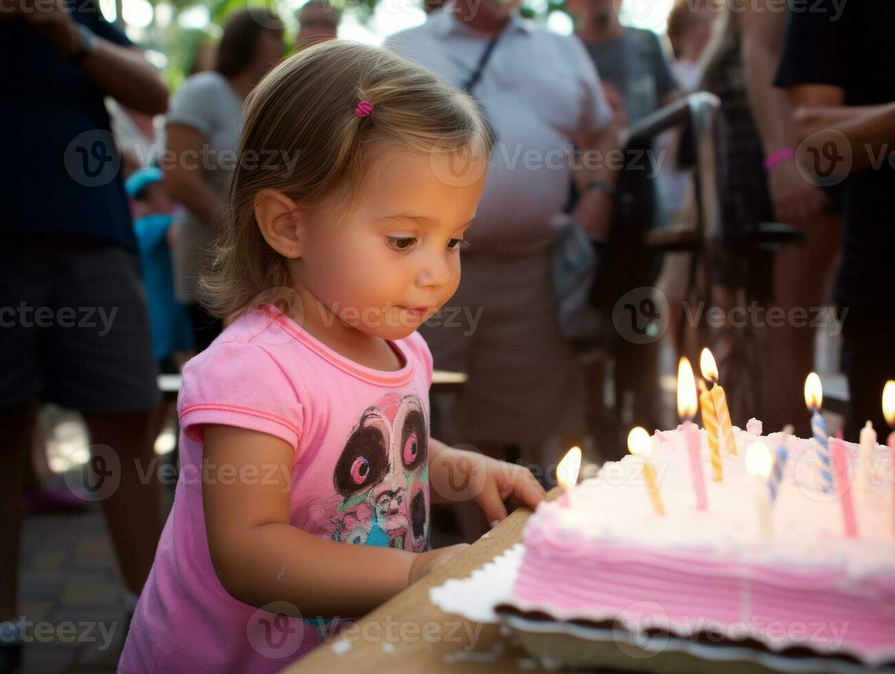 enfant soufflant en dehors le bougies sur leur anniversaire gâteau ai génératif photo