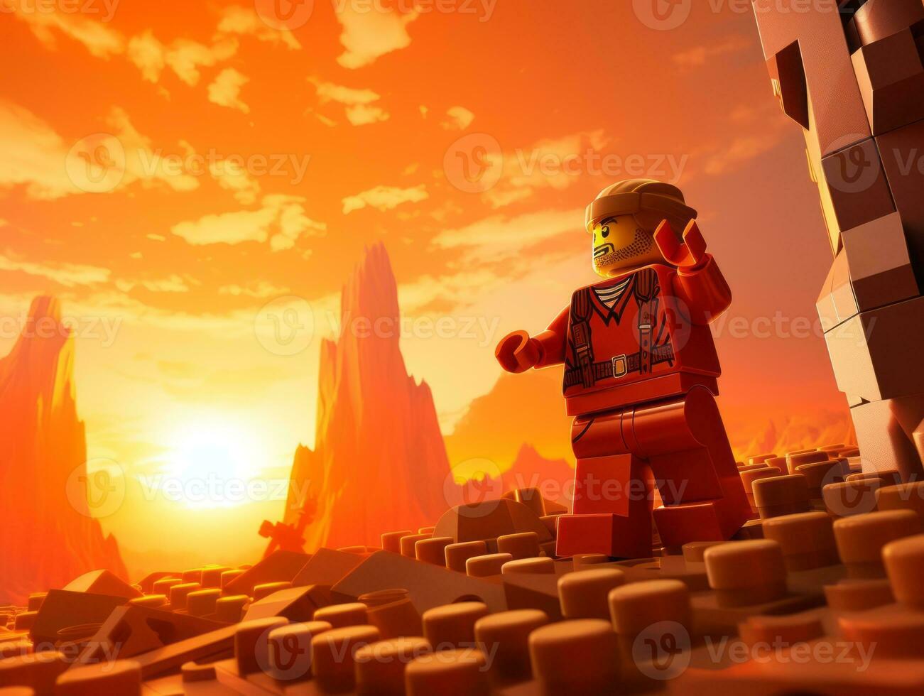 lego personnage explorant une épique lego monde ai génératif photo