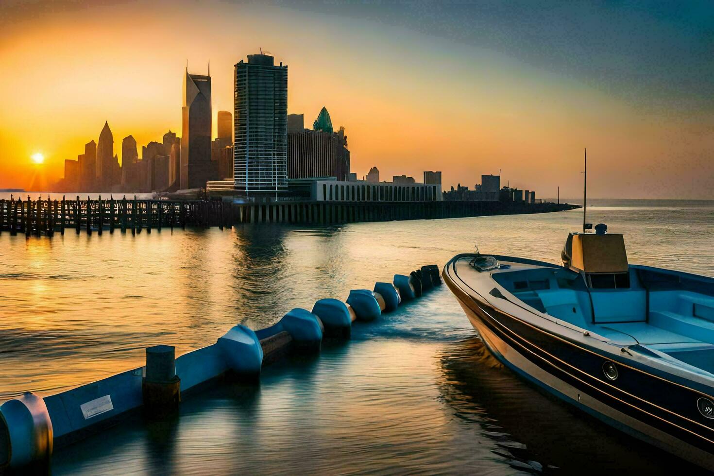 une bateau amarré à le Dock dans de face de une ville ligne d'horizon. généré par ai photo