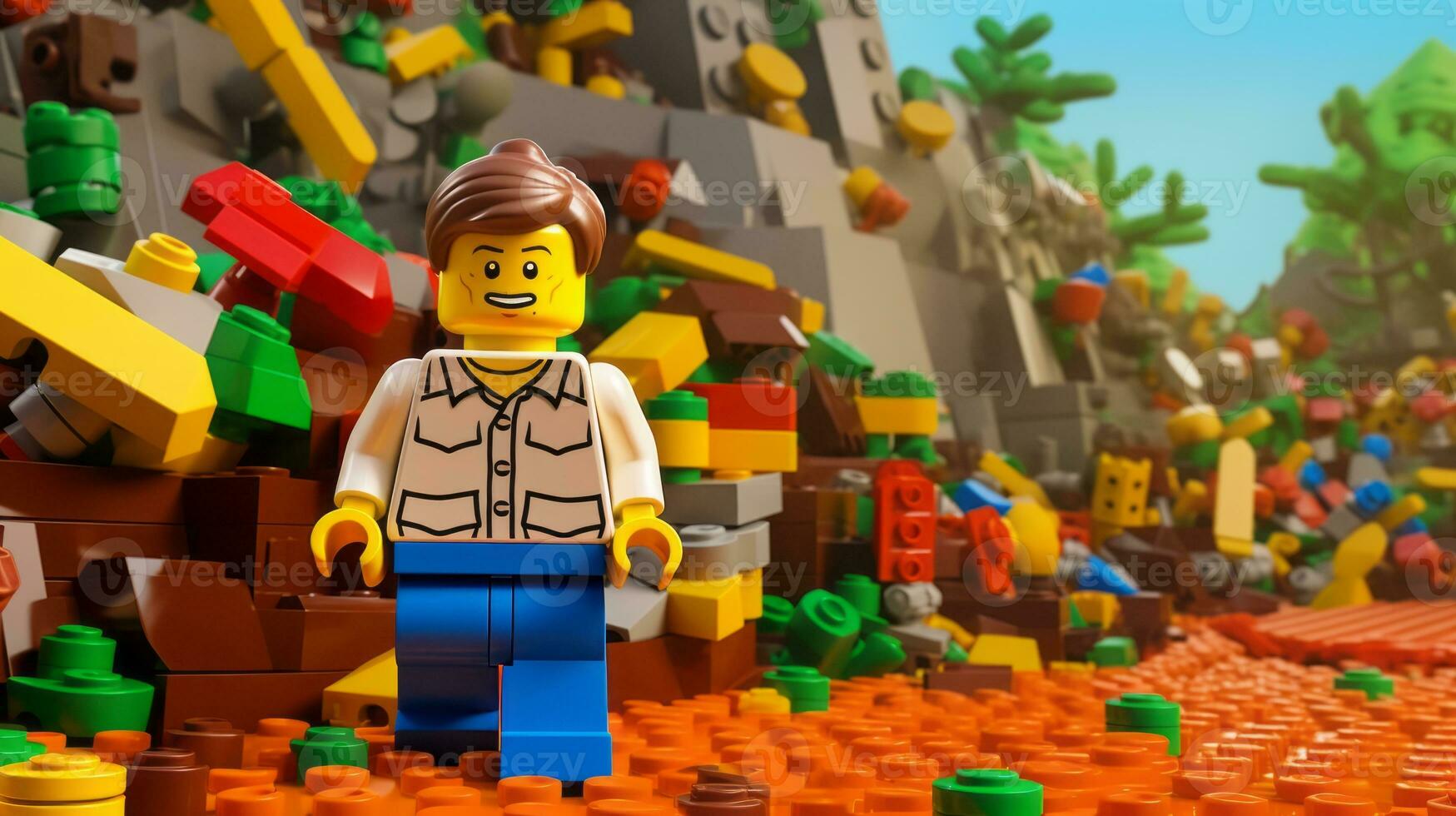 lego personnage explorant une épique lego monde ai génératif photo