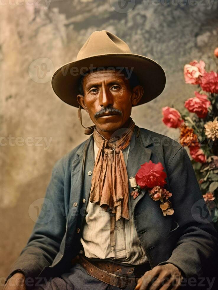 vieux coloré photo de une mexicain homme de le de bonne heure années 1900 ai génératif