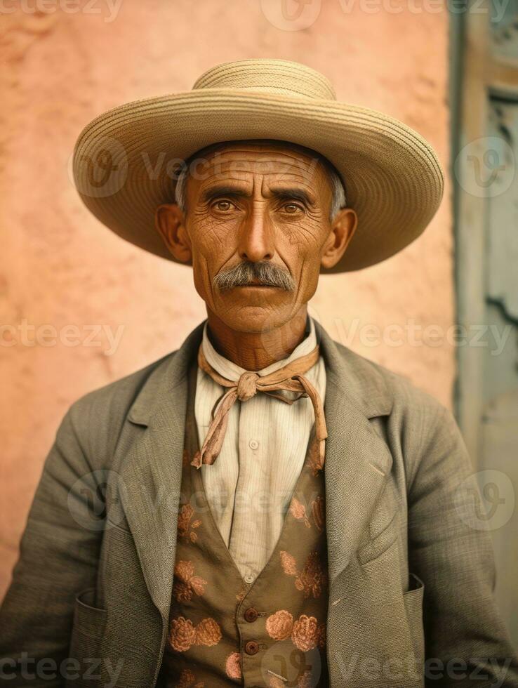 vieux coloré photo de une mexicain homme de le de bonne heure années 1900 ai génératif