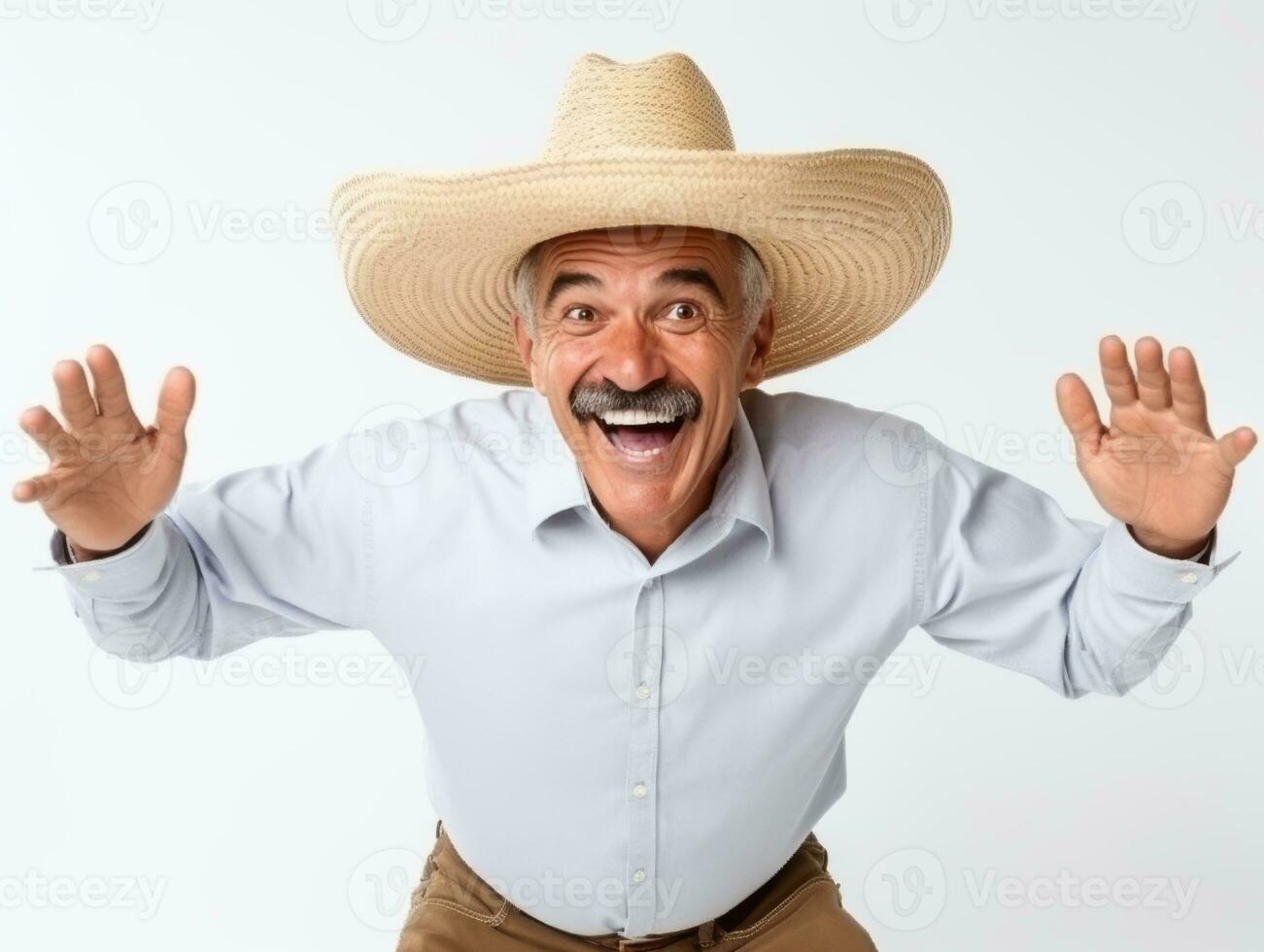 mexicain homme dans espiègle pose sur blanc Contexte ai génératif photo