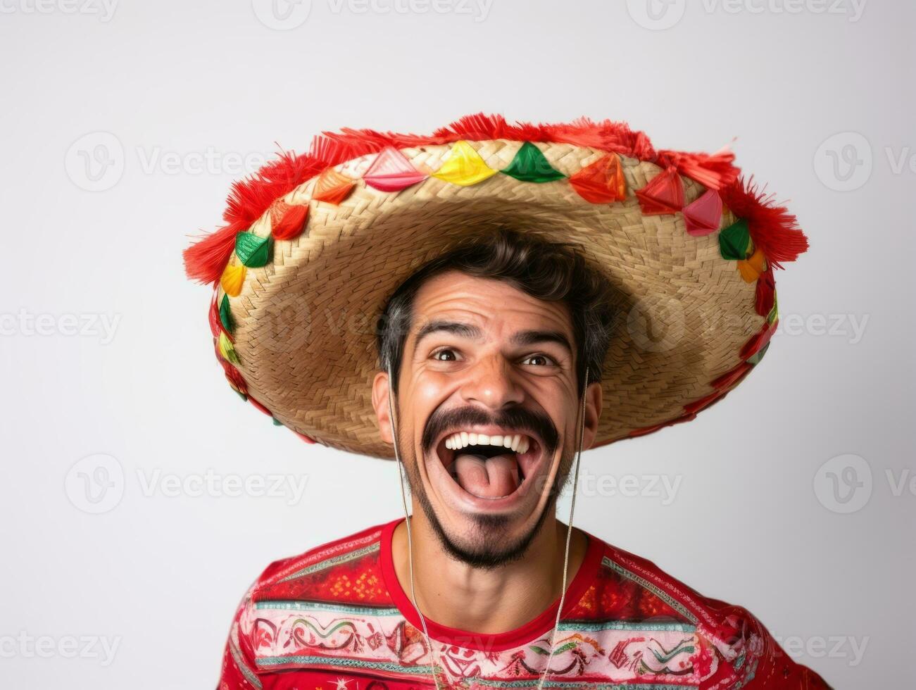 mexicain homme dans espiègle pose sur blanc Contexte ai génératif photo