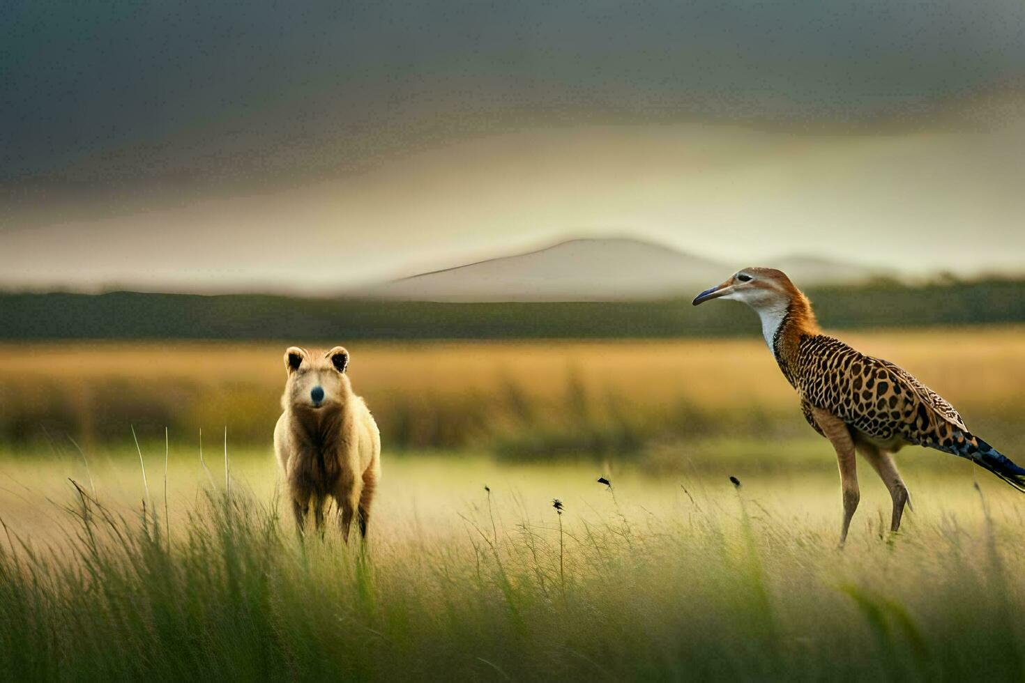 une oiseau et une ours permanent dans une champ. généré par ai photo