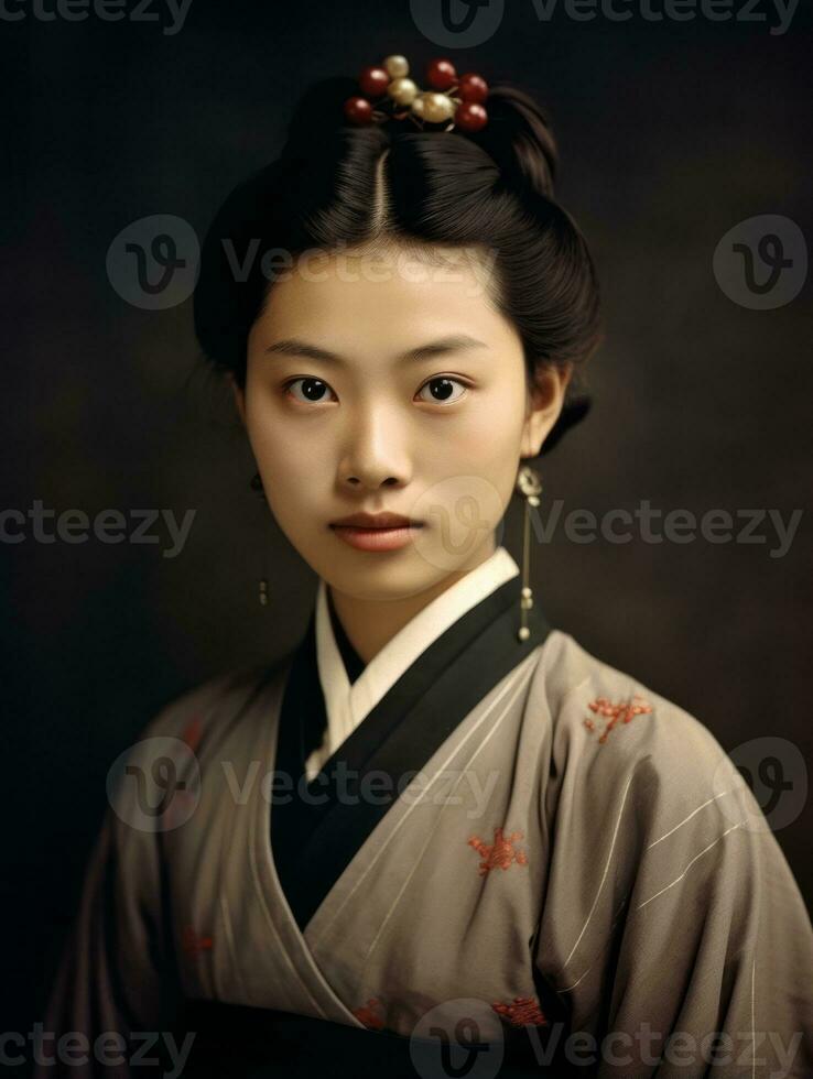 vieux coloré photo de une asiatique femme de le de bonne heure années 1900 ai génératif