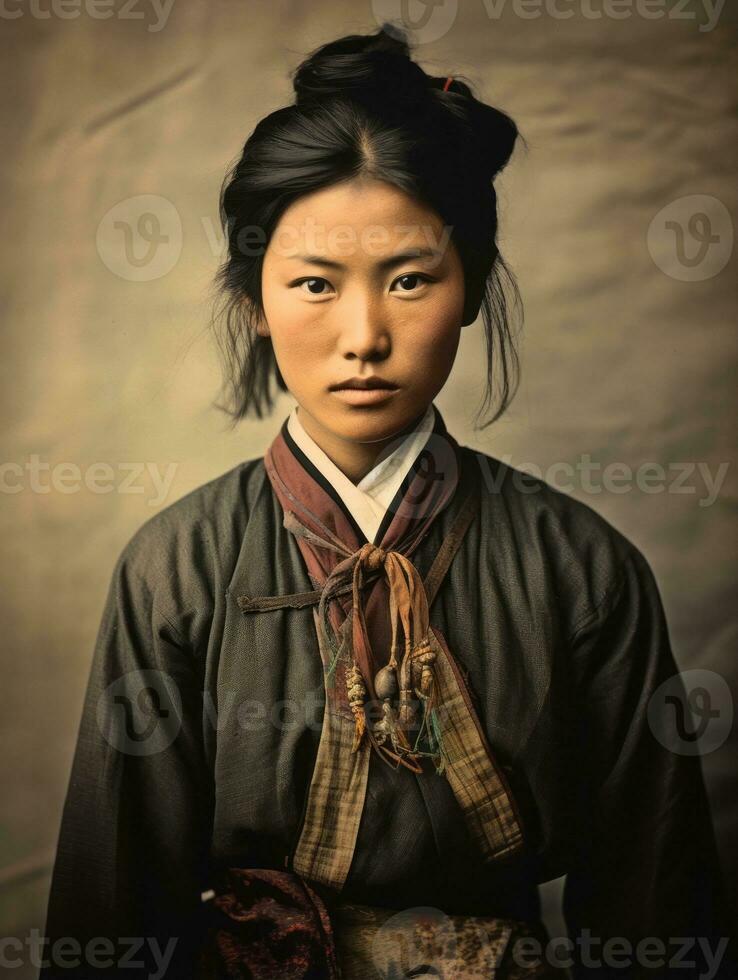 vieux coloré photo de une asiatique femme de le de bonne heure années 1900 ai génératif