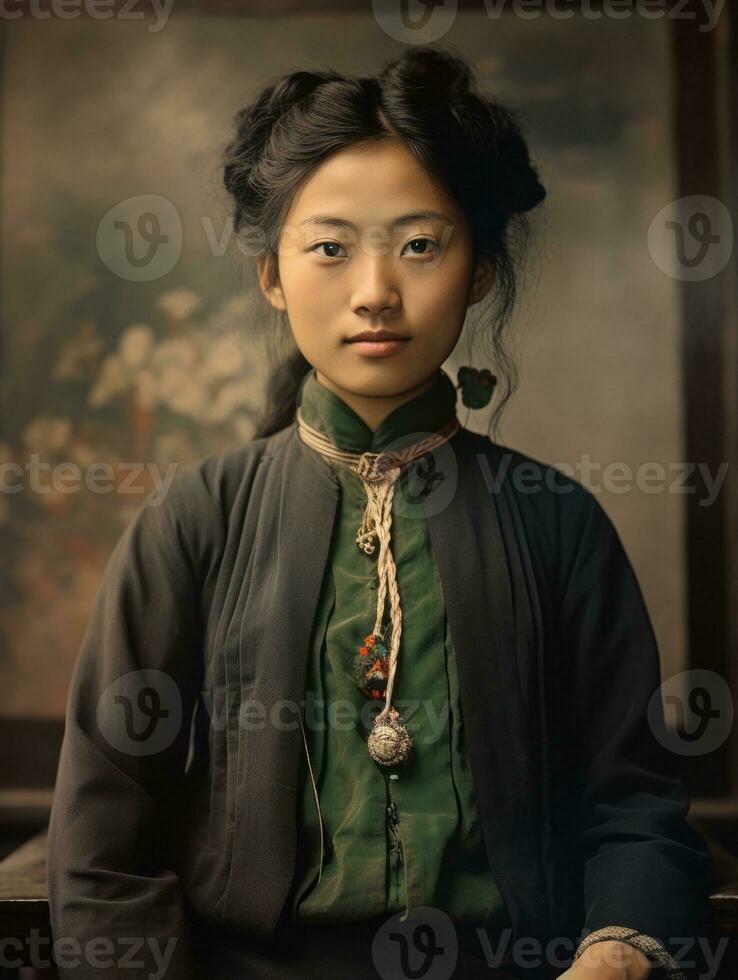 vieux coloré photo de une asiatique femme de le de bonne heure années 1900 ai génératif