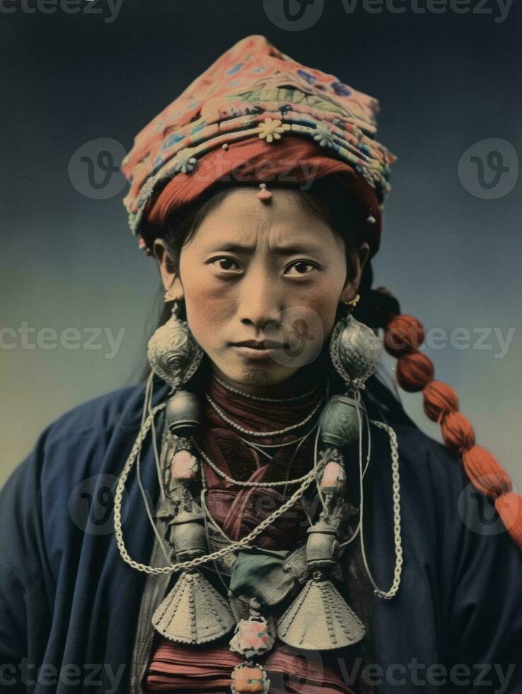 vieux coloré photo de une asiatique femme de le de bonne heure années 1900 ai génératif