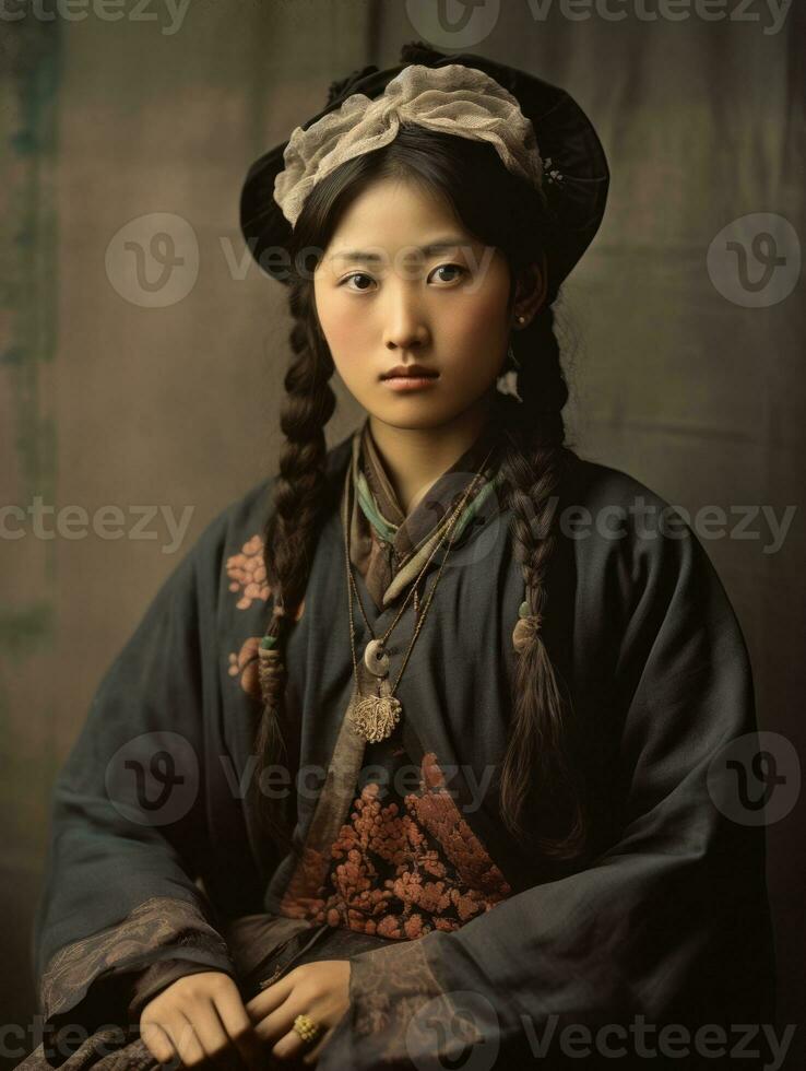 vieux coloré photo de une asiatique femme de le de bonne heure années 1900 ai génératif