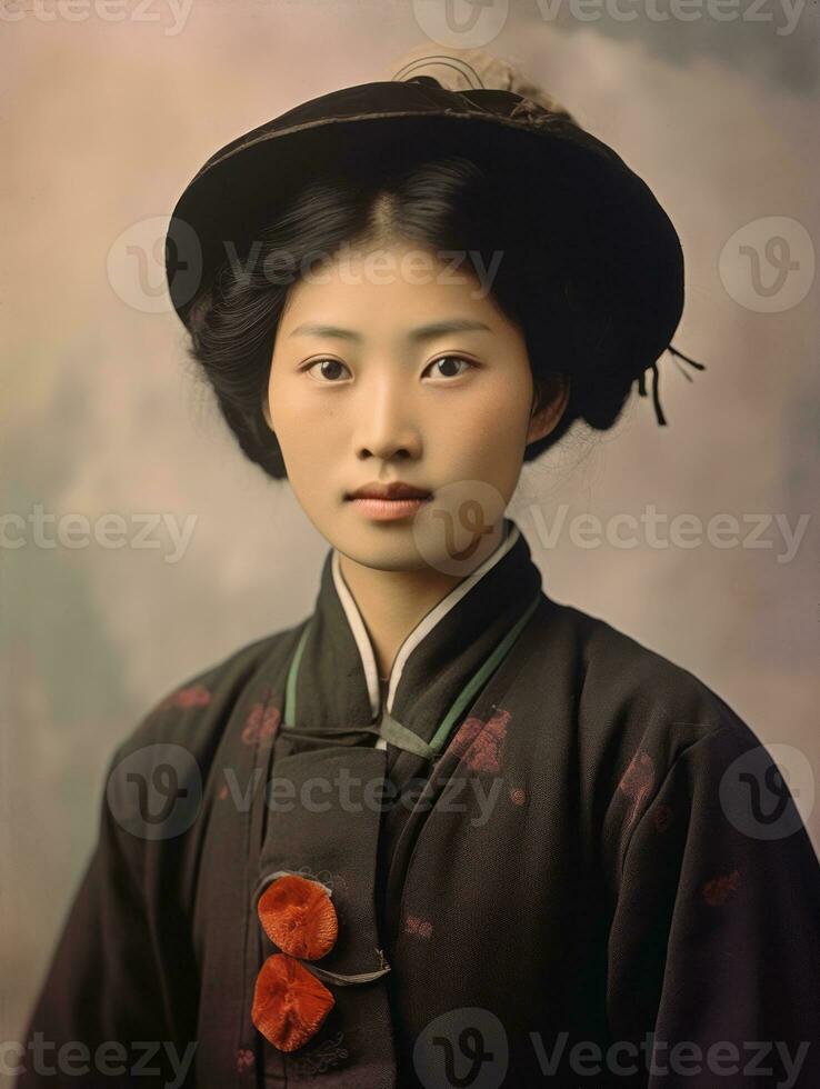 vieux coloré photo de une asiatique femme de le de bonne heure années 1900 ai génératif