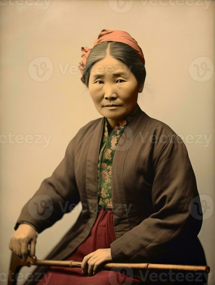 vieux coloré photo de une asiatique femme de le de bonne heure années 1900 ai génératif