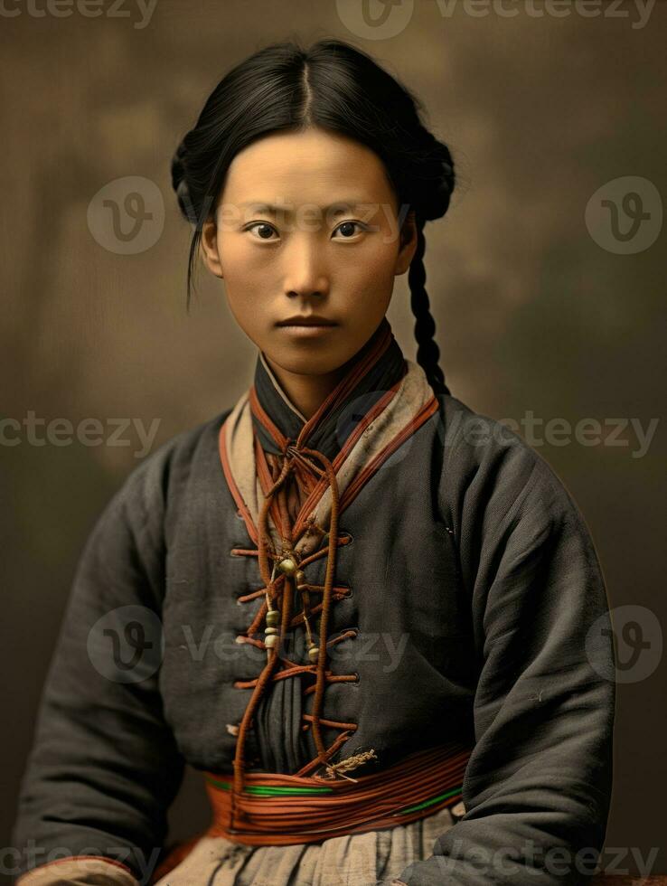 vieux coloré photo de une asiatique femme de le de bonne heure années 1900 ai génératif