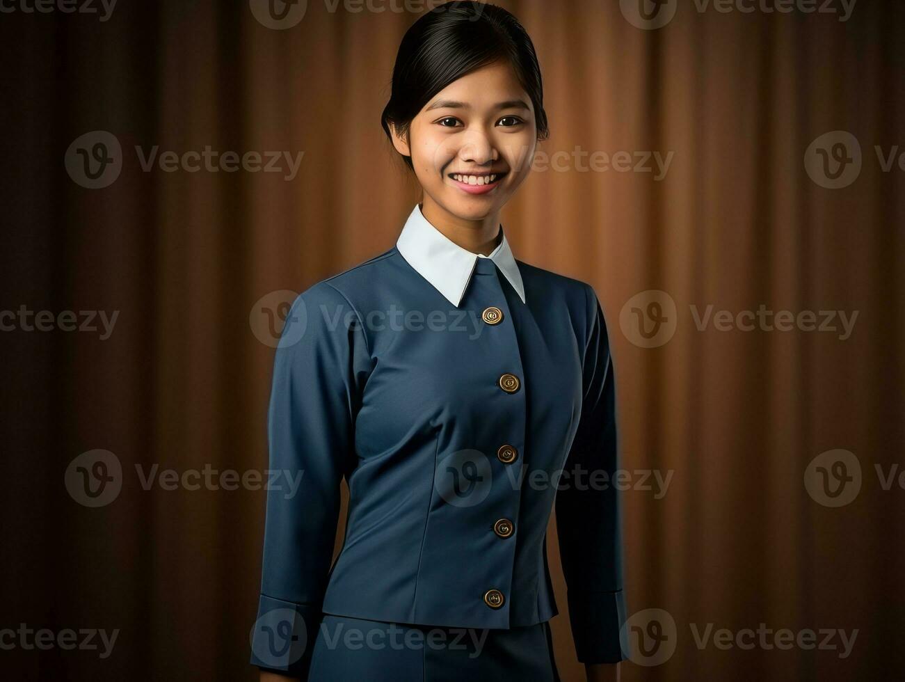 souriant Jeune femme de asiatique descente habillé dans élégant robe ai génératif photo