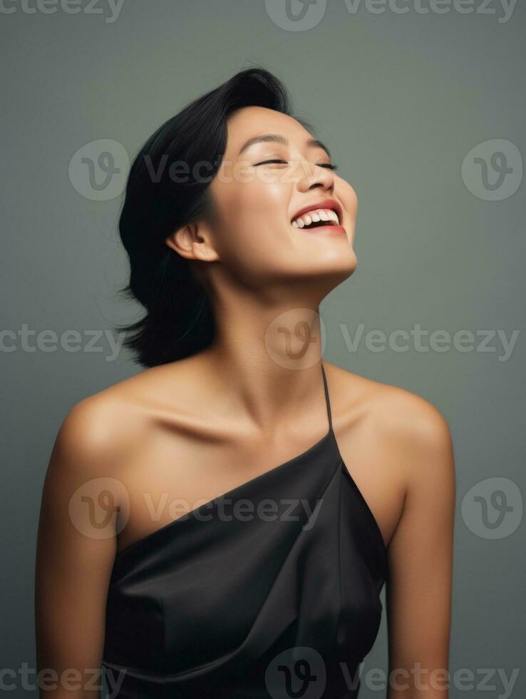 souriant Jeune femme de asiatique descente habillé dans élégant robe ai génératif photo