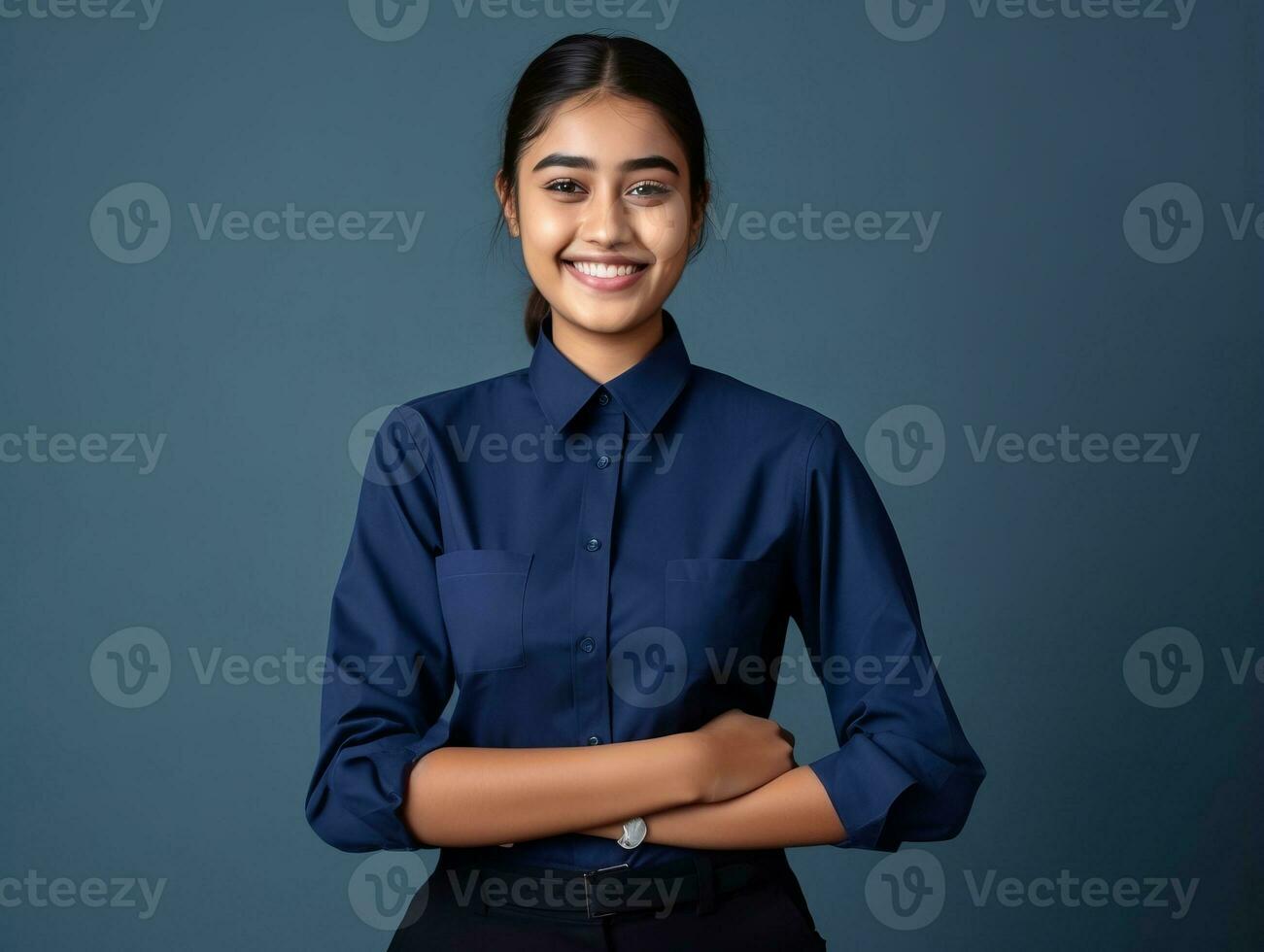 souriant Jeune femme de asiatique descente habillé dans élégant robe ai génératif photo