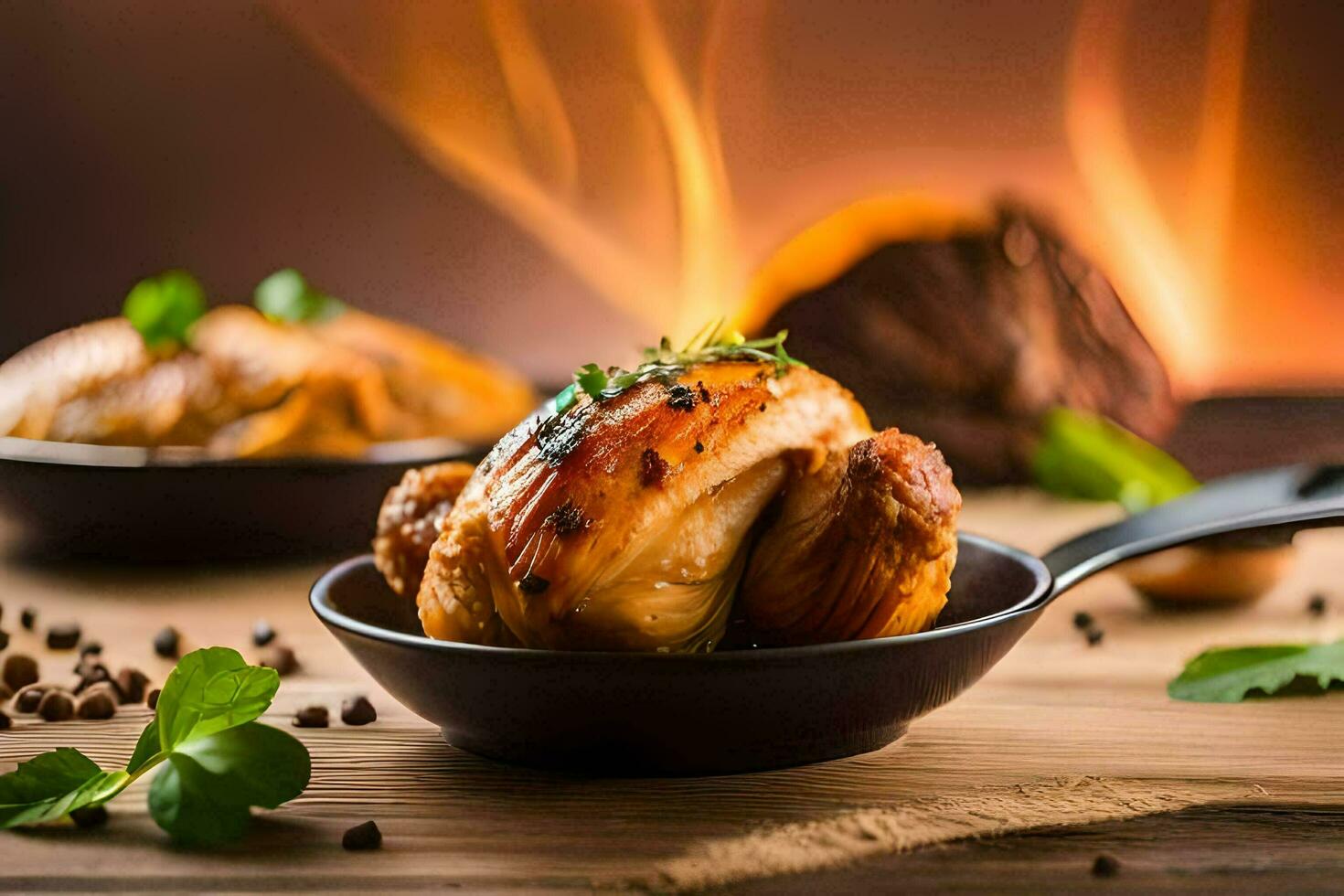 une poulet dans une la poêle avec herbes et épices. généré par ai photo