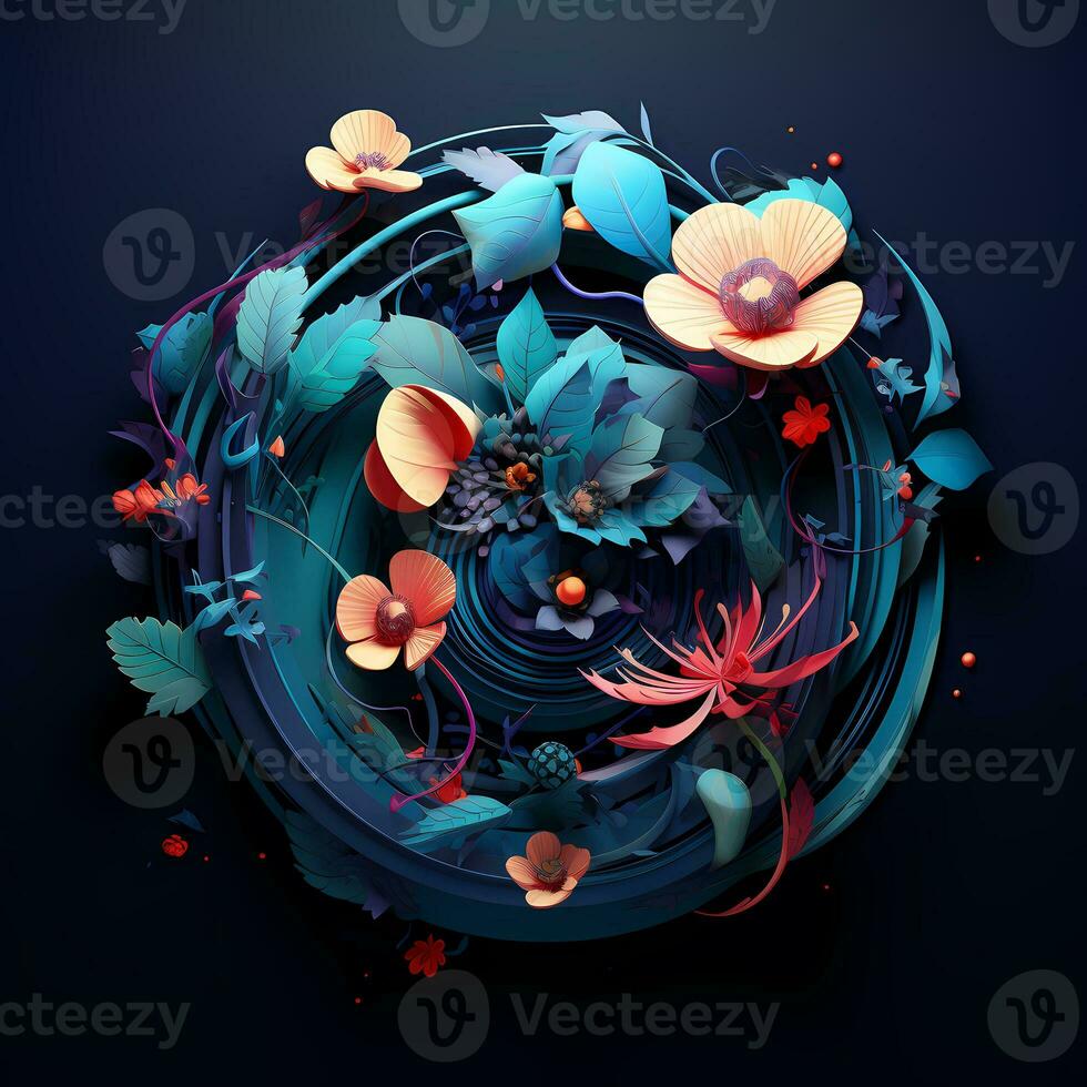 une coloré floral arrangement est montré dans une circulaire modèle ai génératif photo