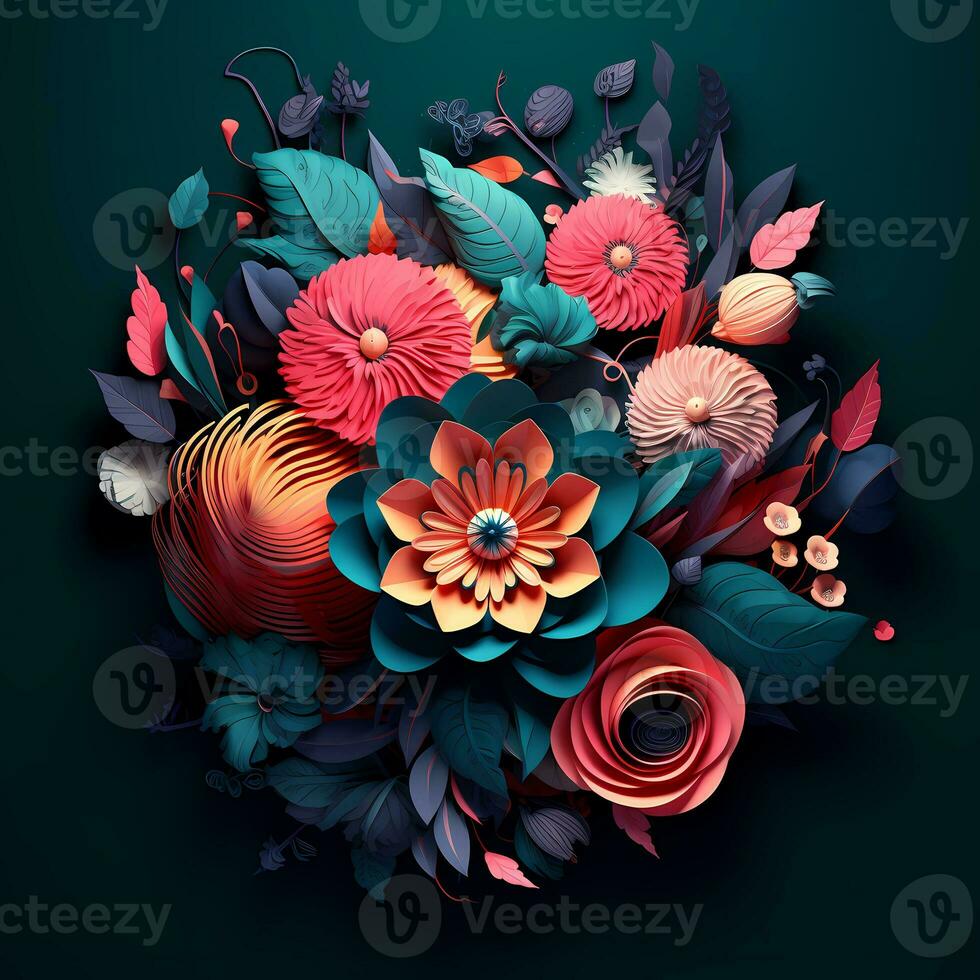 une coloré arrangement de fleurs sur une foncé Contexte ai génératif photo