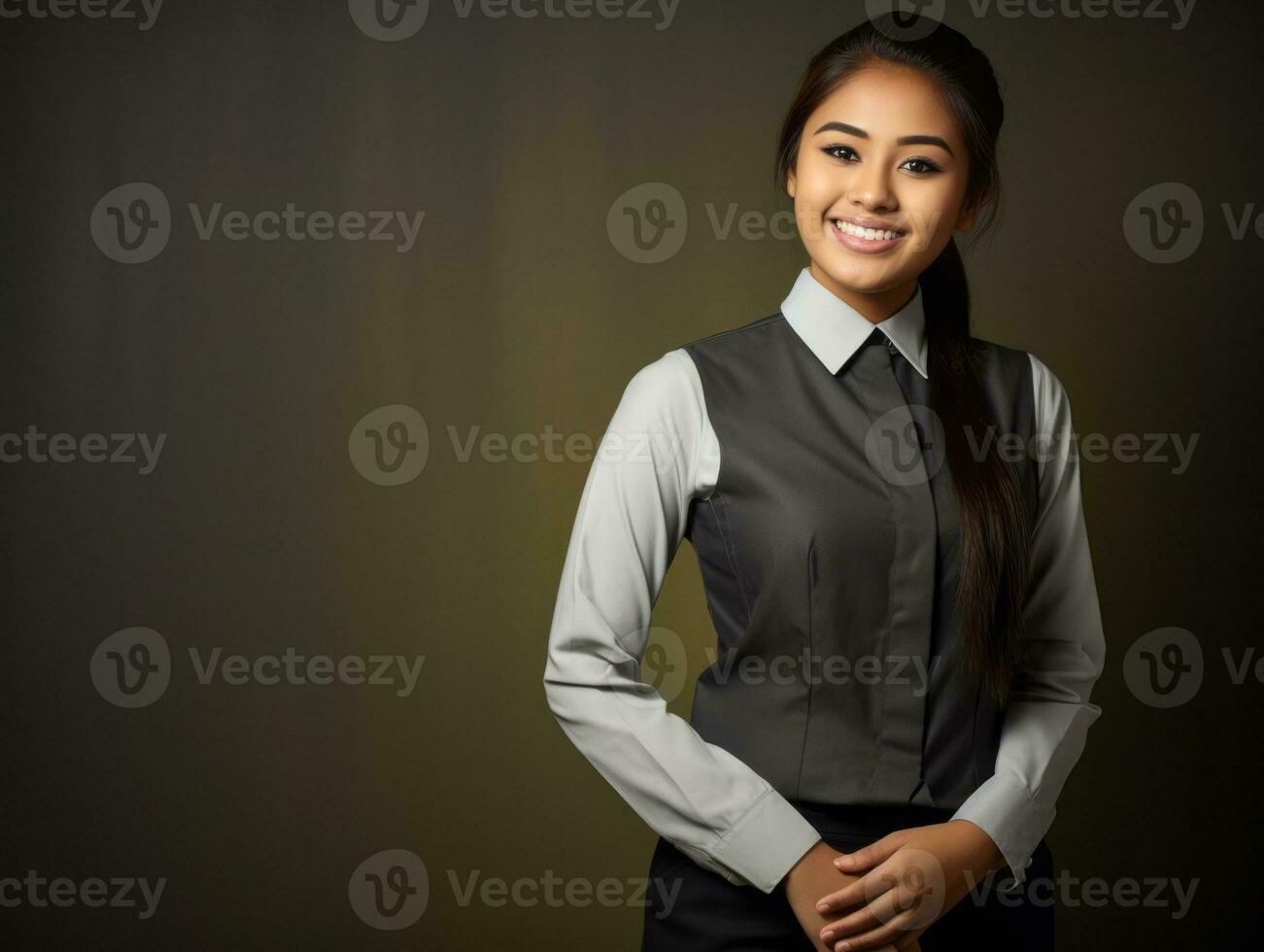 souriant Jeune femme de asiatique descente habillé dans élégant robe ai génératif photo