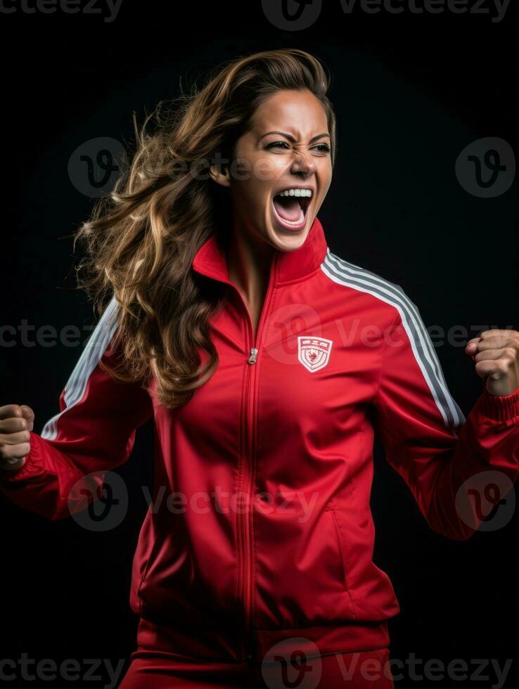 Jeune européen femme habillé dans tenue de sport clairement actif et plein de énergie ai génératif photo