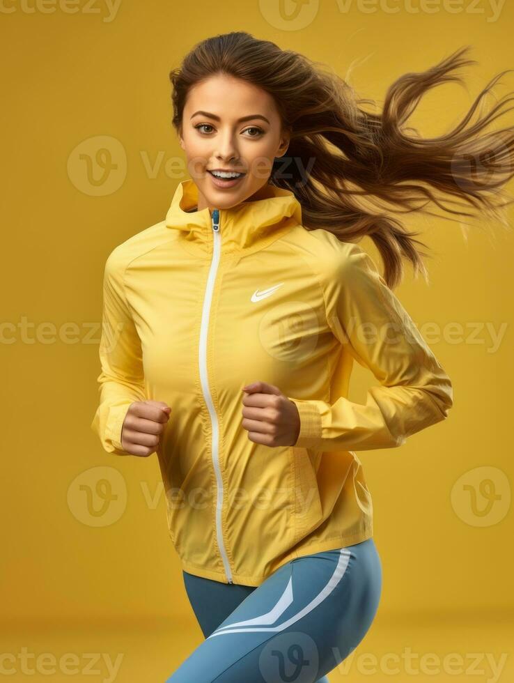 Jeune européen femme habillé dans tenue de sport clairement actif et plein de énergie ai génératif photo
