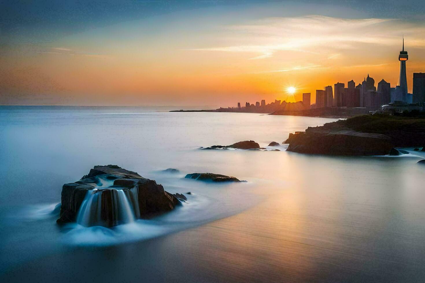 le ville horizon est vu dans le distance comme le Soleil ensembles. généré par ai photo