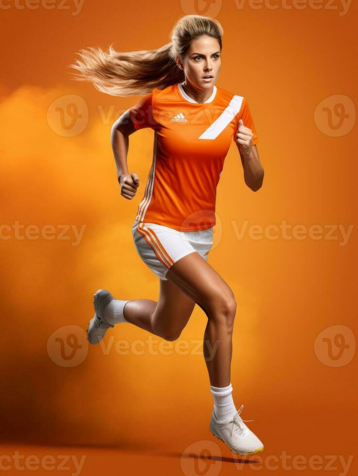 Jeune européen femme habillé dans tenue de sport clairement actif et plein de énergie ai génératif photo