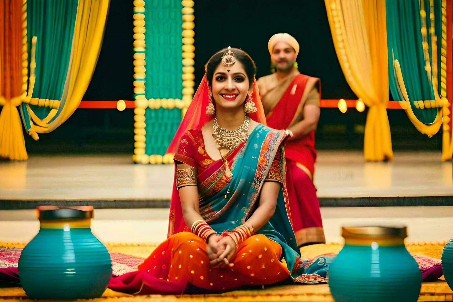 une magnifique Indien la mariée séance sur le sol avec sa mari. généré par ai photo