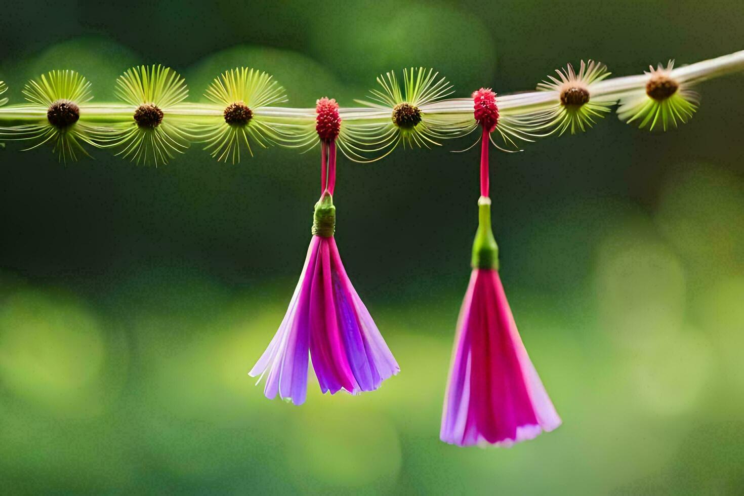 deux coloré pompons pendaison de une branche. généré par ai photo