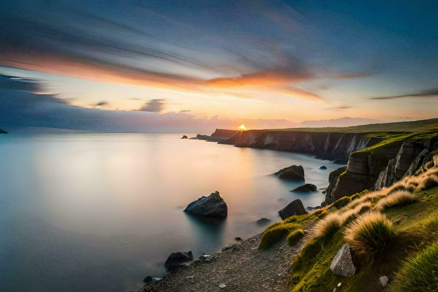 le Soleil ensembles plus de le océan et falaises. généré par ai photo