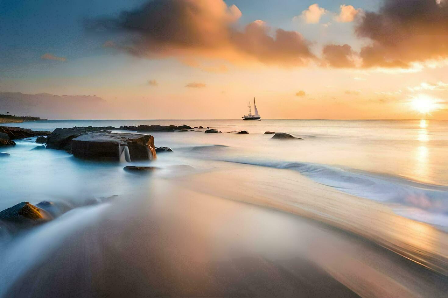 une bateau est voile sur le océan à le coucher du soleil. généré par ai photo