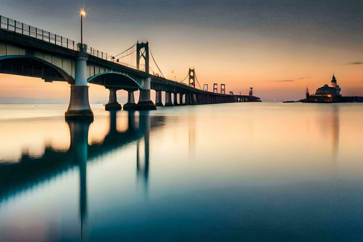 une pont couvrant plus de le l'eau à le coucher du soleil. généré par ai photo