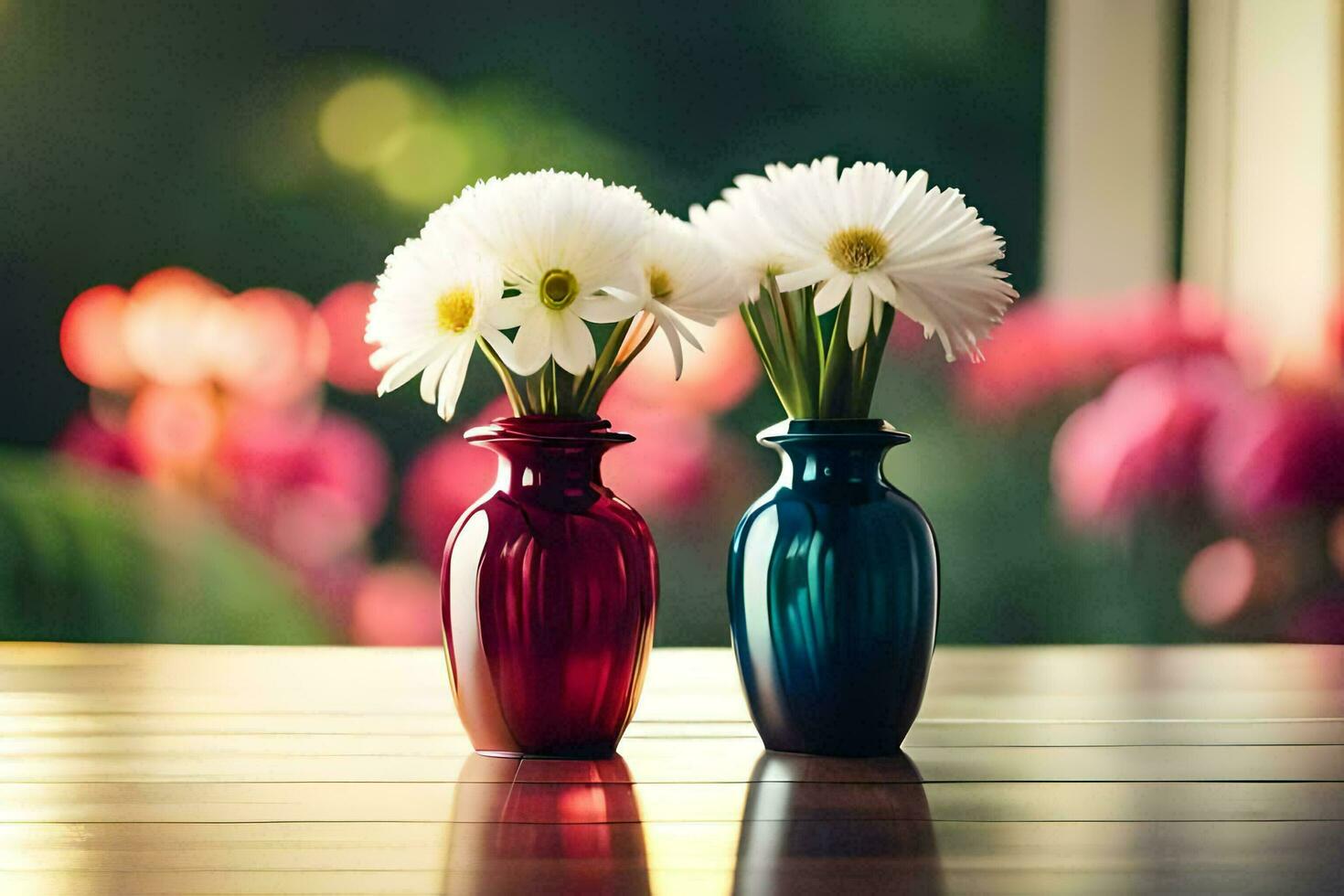 deux des vases avec blanc fleurs séance sur une tableau. généré par ai photo