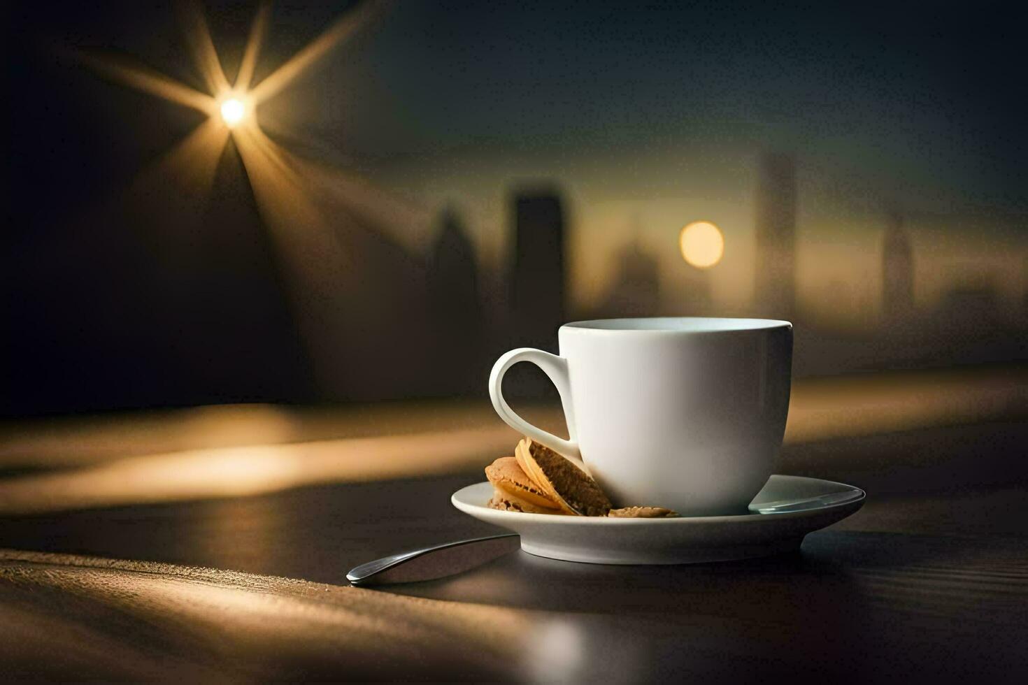 une tasse de café et une biscuit sur une en bois table dans le ville. généré par ai photo