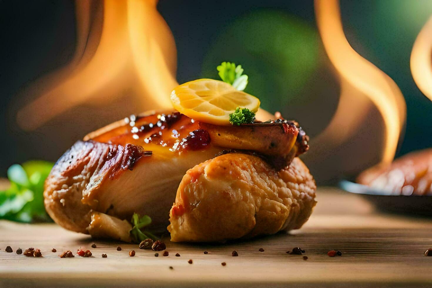 une pièce de poulet sur une en bois Coupe planche. généré par ai photo