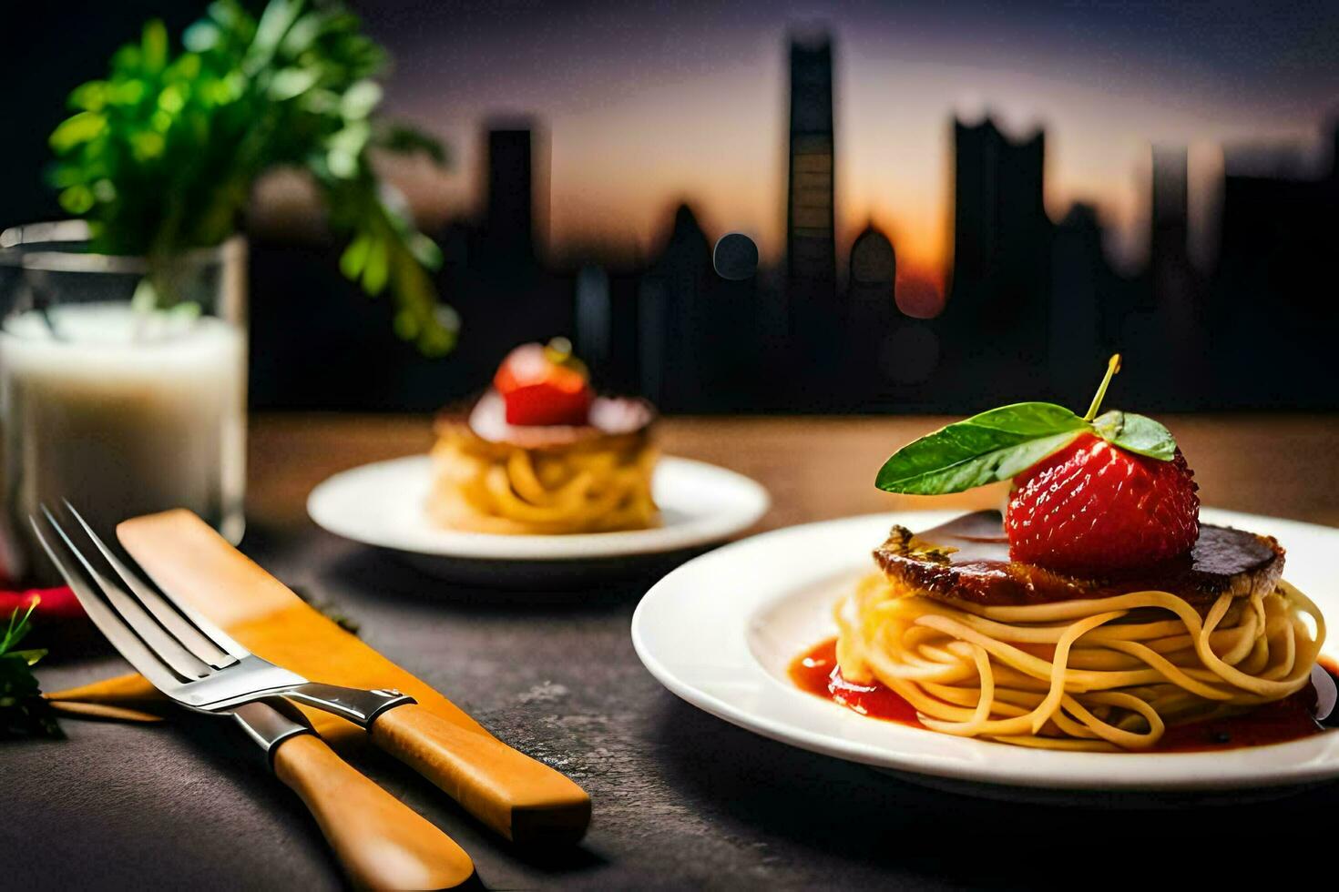 une assiette de spaghetti avec des fraises et une verre de lait. généré par ai photo