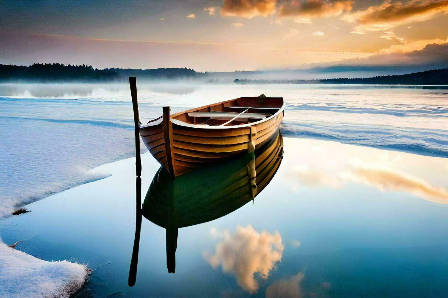 une bateau est assis sur le la glace à le coucher du soleil. généré par ai photo