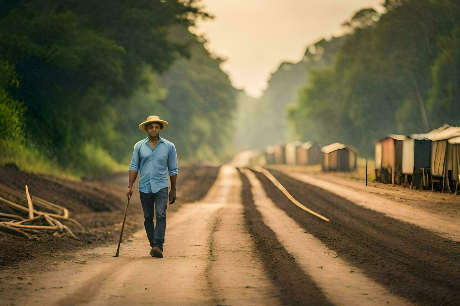 une homme en marchant vers le bas une saleté route avec une canne. généré par ai photo