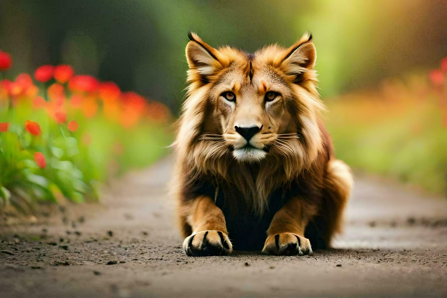 une Lion séance sur le route dans de face de fleurs. généré par ai photo