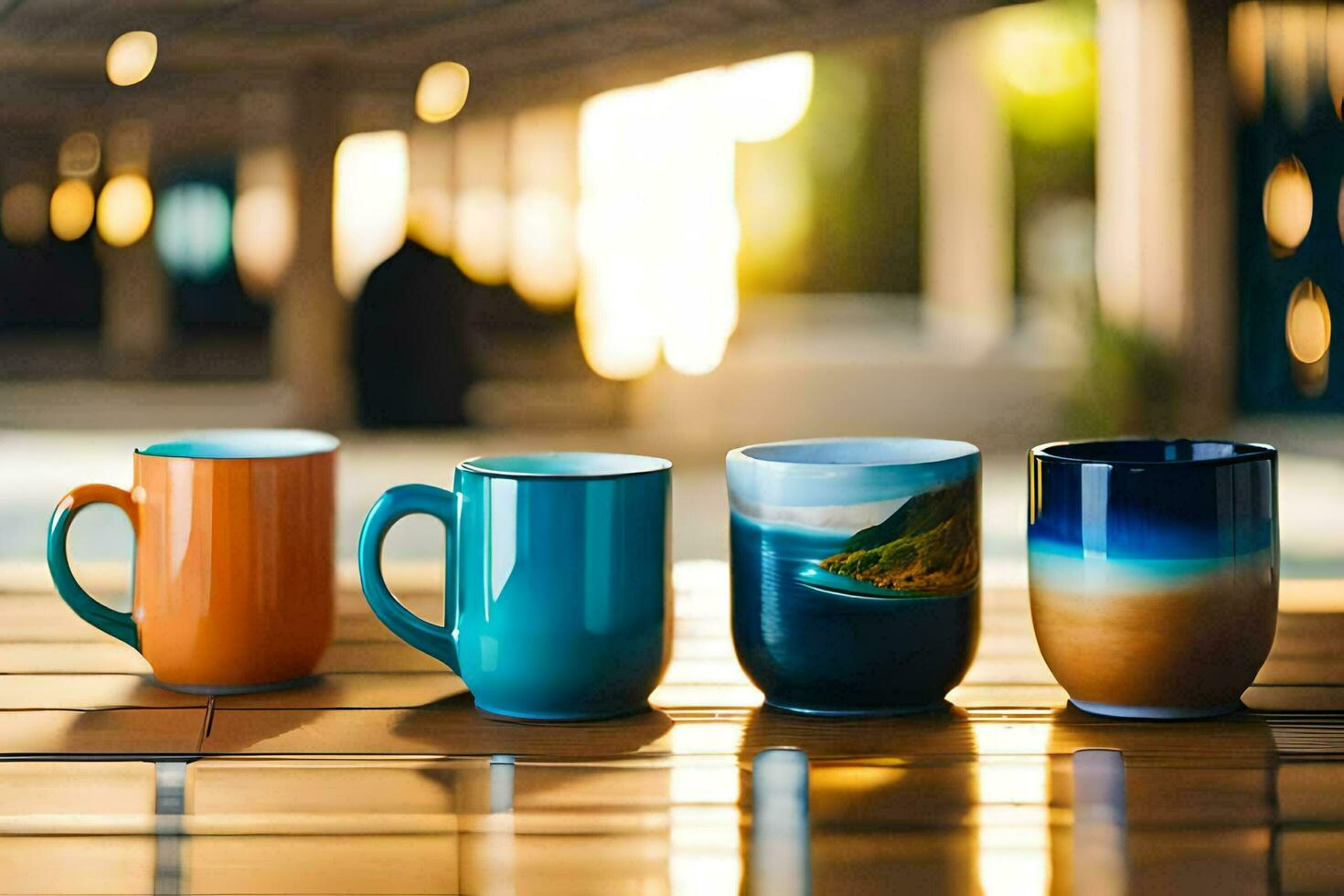 cinq coloré café des tasses sur une en bois tableau. généré par ai photo