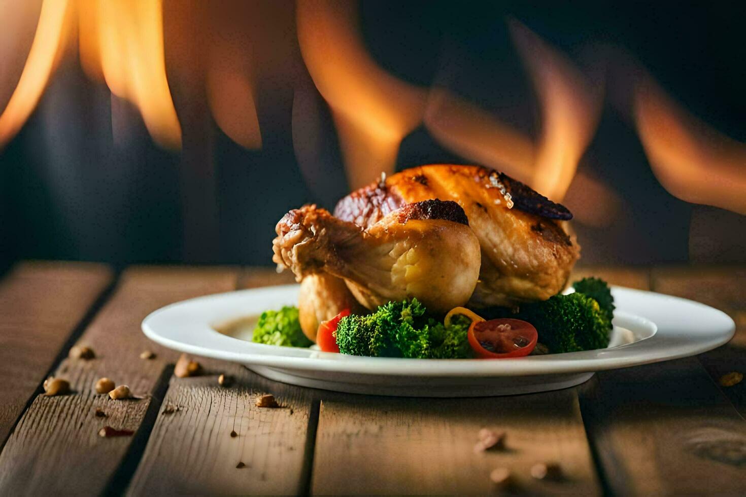 une rôti poulet sur une assiette avec brocoli et une Feu dans le Contexte. généré par ai photo