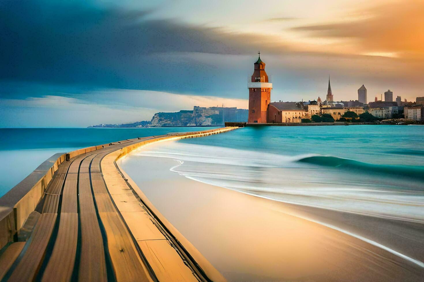 une longue exposition photographier de une phare sur le côte. généré par ai photo