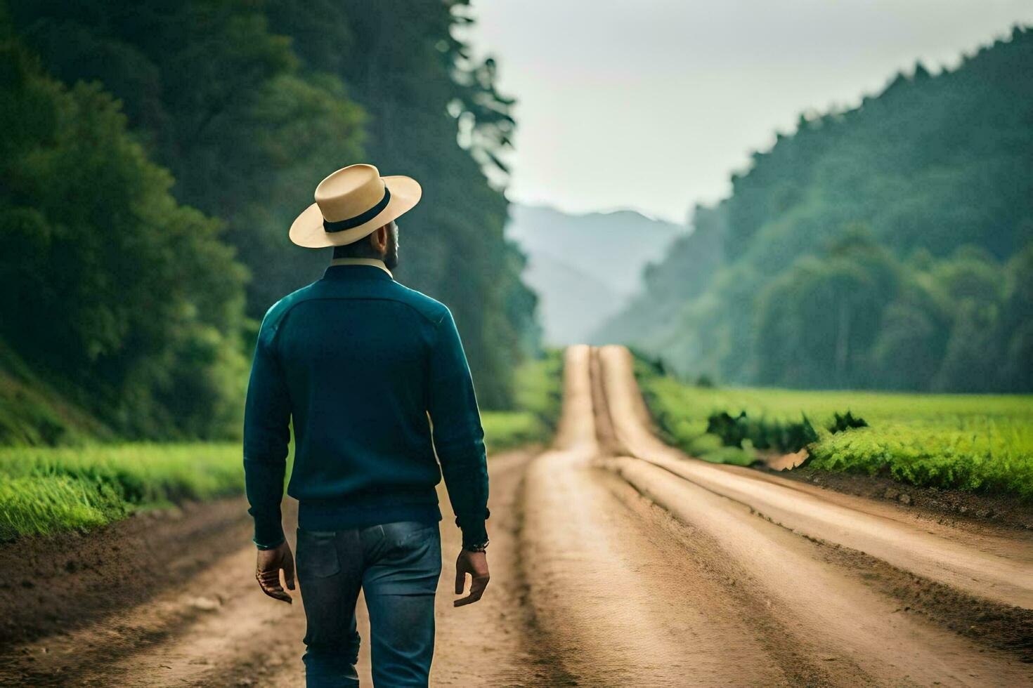 homme en marchant sur une saleté route dans le campagne. généré par ai photo