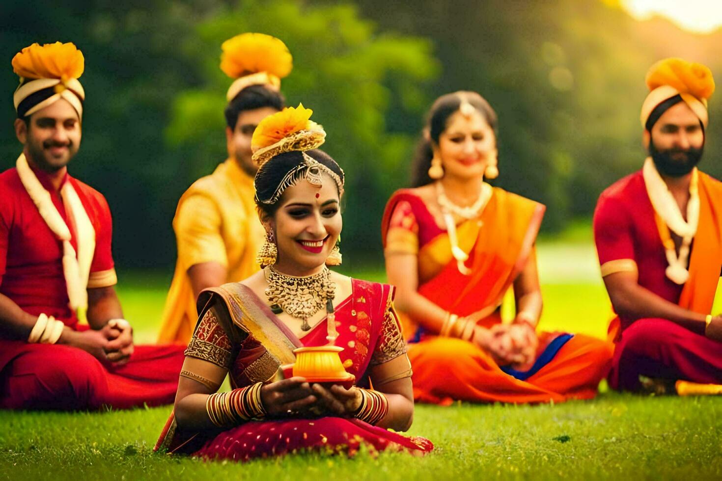 Indien femmes dans traditionnel tenue séance sur le herbe. généré par ai photo