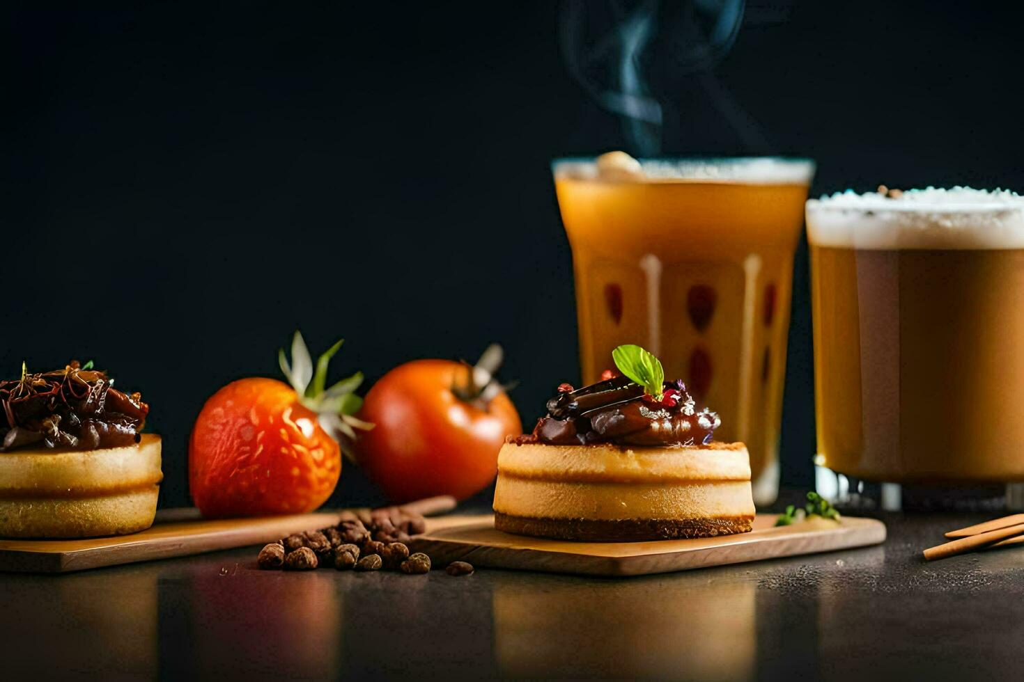 une verre de café et dessert sur une noir Contexte. généré par ai photo