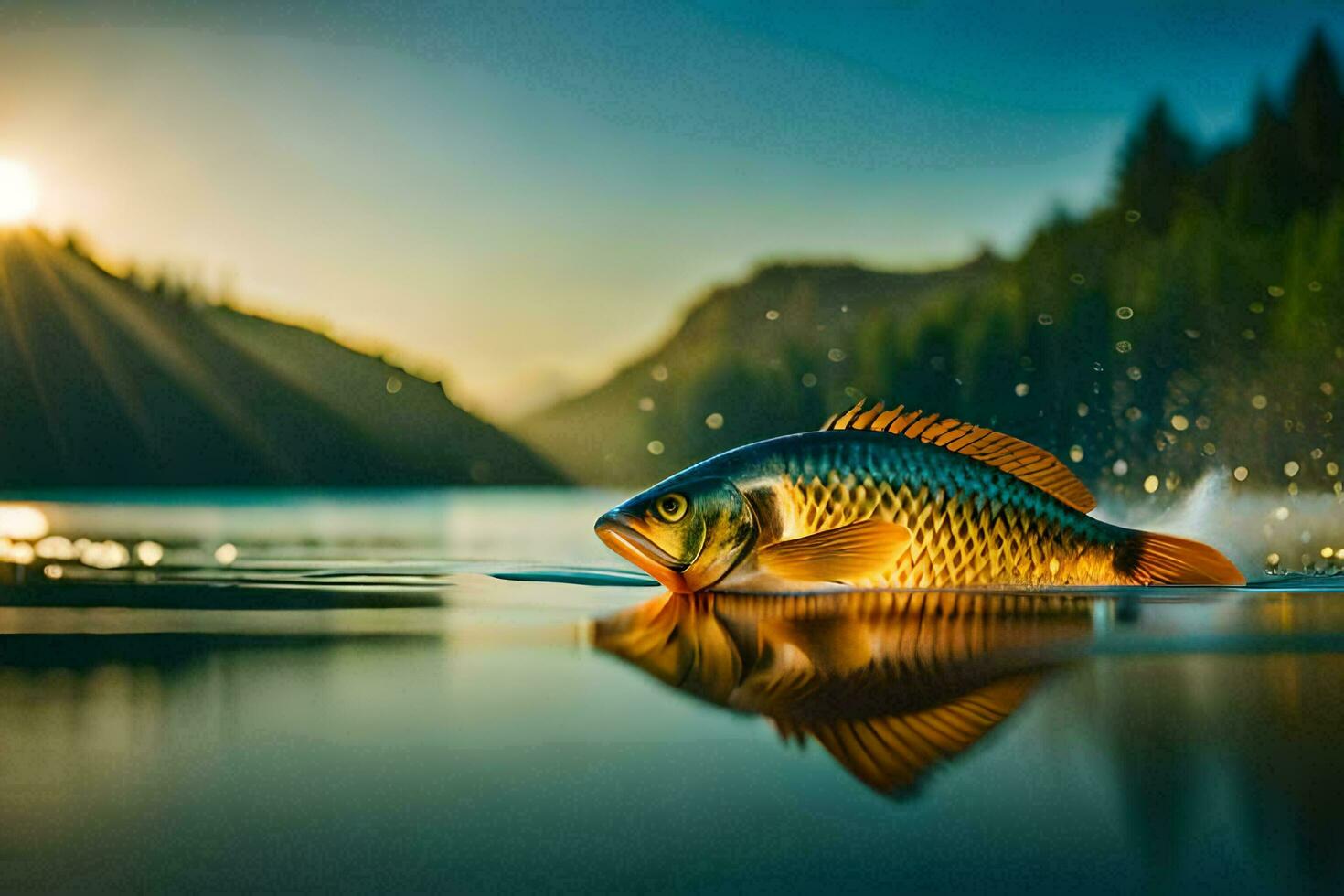une poisson est nager dans le l'eau à le coucher du soleil. généré par ai photo