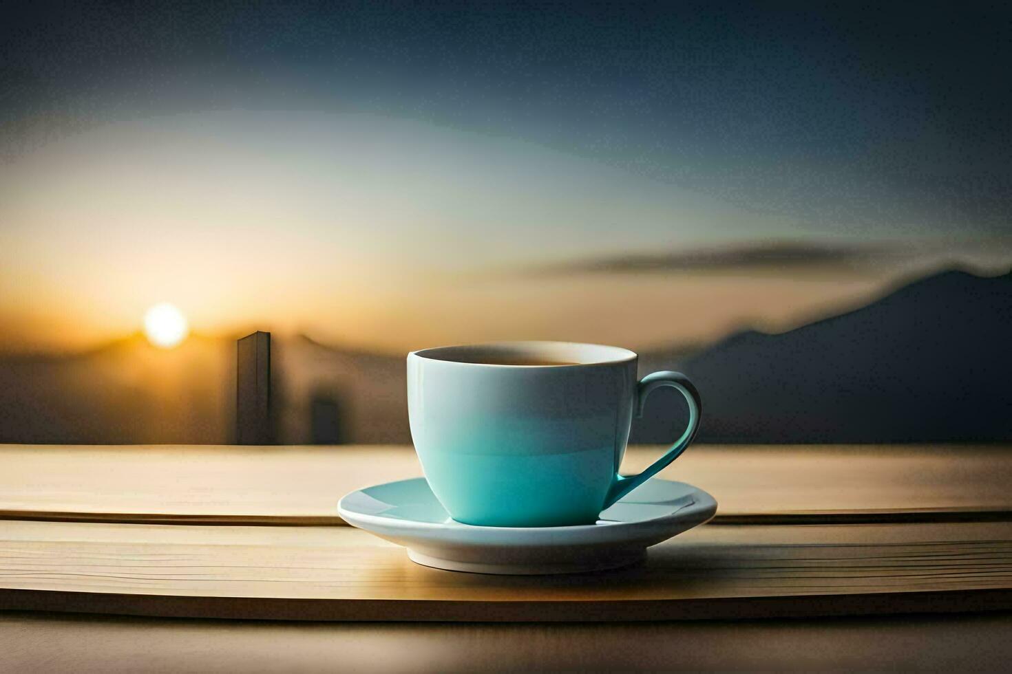 une tasse de café sur une en bois table avec une vue de le le coucher du soleil. généré par ai photo