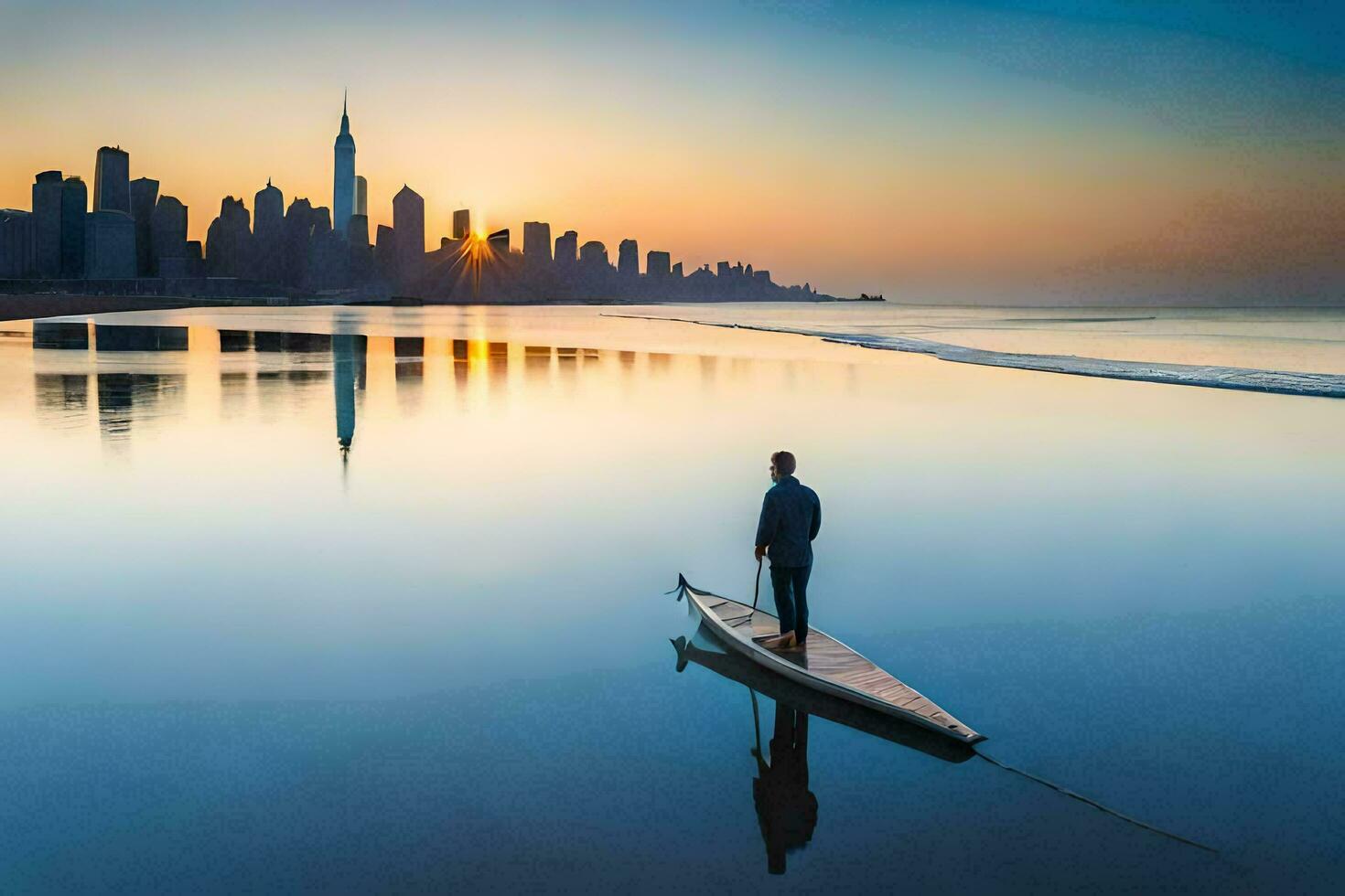 une homme des stands sur une pagayer planche dans de face de une ville ligne d'horizon. généré par ai photo